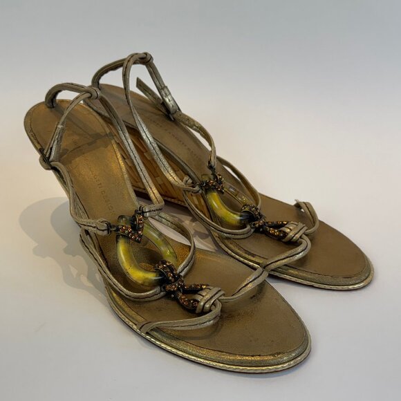 Giuseppe Zanotti Gold Leather & Bamboo Wedge Heels, EU 40 - Picture 1 of 16